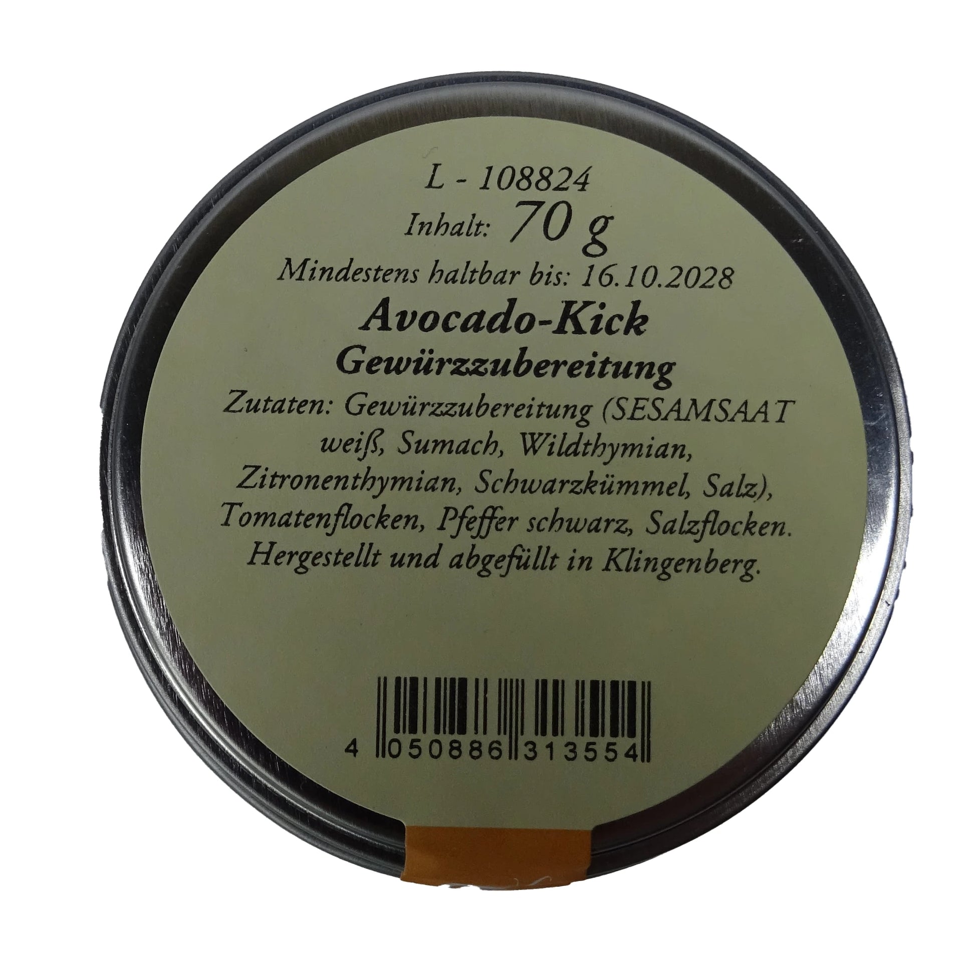 Altes Gewürzamt Avocado-Kick Knuspriges Premium-Topping und Gewürz, grüne Gewürzdose Ansicht Deckel auf hellem Hintergrund