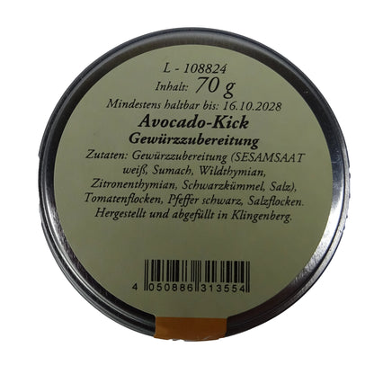 Altes Gewürzamt Avocado-Kick Knuspriges Premium-Topping und Gewürz, grüne Gewürzdose Ansicht Deckel auf hellem Hintergrund