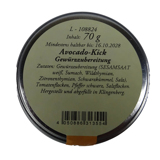 Altes Gewürzamt Avocado-Kick Knuspriges Premium-Topping und Gewürz, grüne Gewürzdose Ansicht Deckel auf hellem Hintergrund