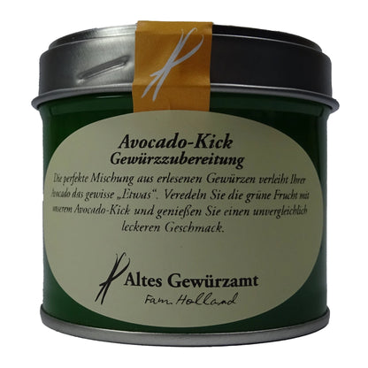 Altes Gewürzamt Avocado-Kick Knuspriges Premium-Topping und Gewürz, grüne Gewürzdose auf hellem Hintergrund