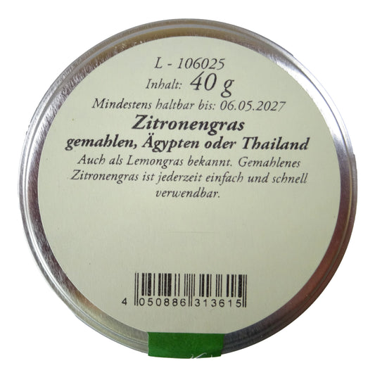 Altes Gewürzamt Zitronengras gemahlen Asiatischer Premium-Aromaklassiker, grüne Gewürzdose auf hellem Hintergrund