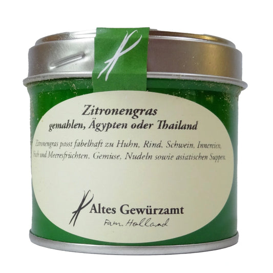 Altes Gewürzamt Zitronengras gemahlen Asiatischer Premium-Aromaklassiker, grüne Gewürzdose auf hellem Hintergrund
