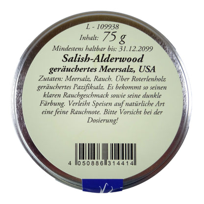 Altes Gewürzamt Salish-Alderwood Smoked Sea Salt Räuchersalz, grüne Gewürzdose von oben auf hellem Hintergrund