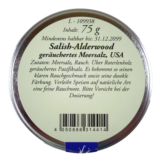 Altes Gewürzamt Salish-Alderwood Smoked Sea Salt Räuchersalz, grüne Gewürzdose von oben auf hellem Hintergrund