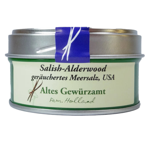 Altes Gewürzamt Salish-Alderwood Smoked Sea Salt Räuchersalz, grüne Gewürzdose auf hellem Hintergrund