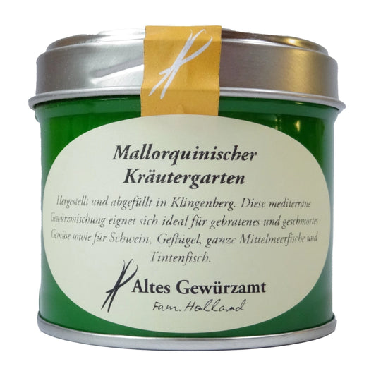 Altes Gewürzamt Mallorquinischer Kräutergarten Mediterrane Premium-Allzweckwürze, grüne Gewürzdose auf hellem Hintergrund