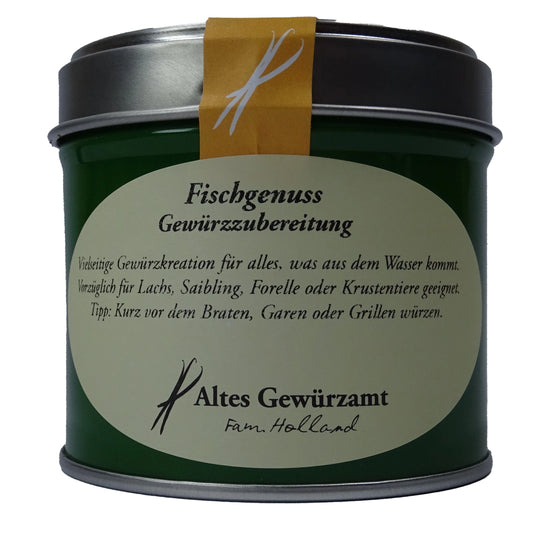 Altes Gewürzamt Fischgenuss Feine maritime Gewürzzubereitung für Fisch und Meeresfrüchte, grüne Gewürzdose auf hellem Hintergrund