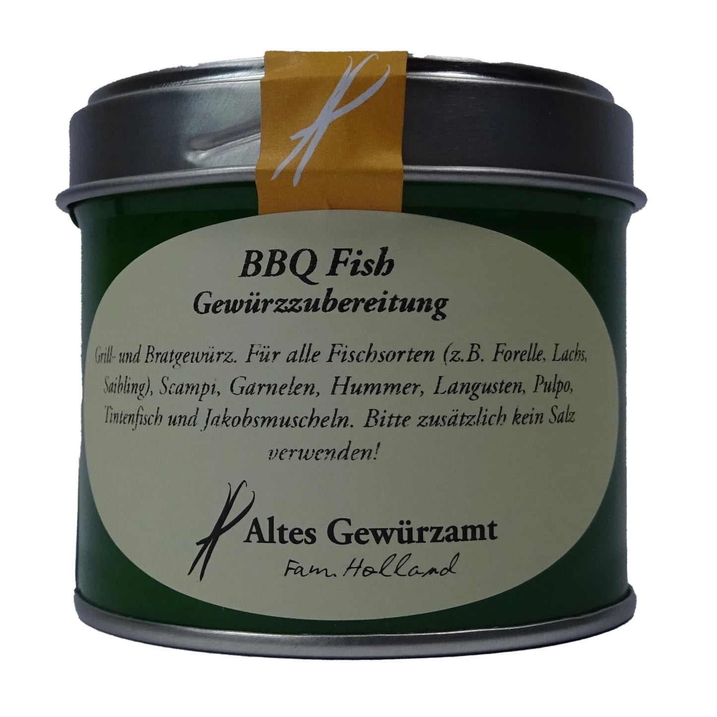 Altes Gewürzamt BBQ Fish Edle Fisch-Grillwürzung mit Safran und Timut-Pfeffer, grüne Gewürzdose auf hellem Hintergrund
