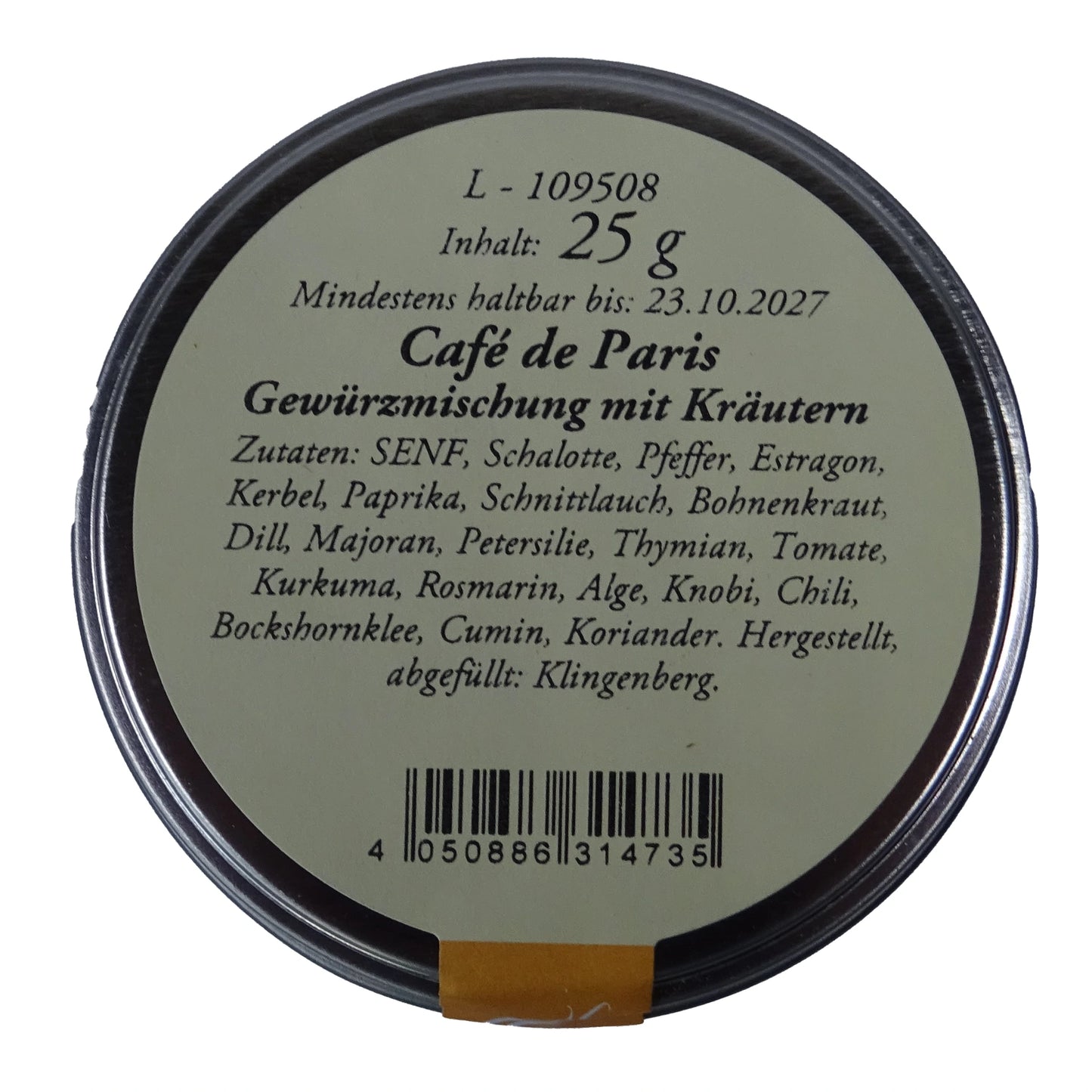 ltes Gewürzamt Café de Paris Klassische Brasserie Kräuter-Gewürzmischung, grüne Gewürzdose Ansicht Deckel auf hellem Hintergrund