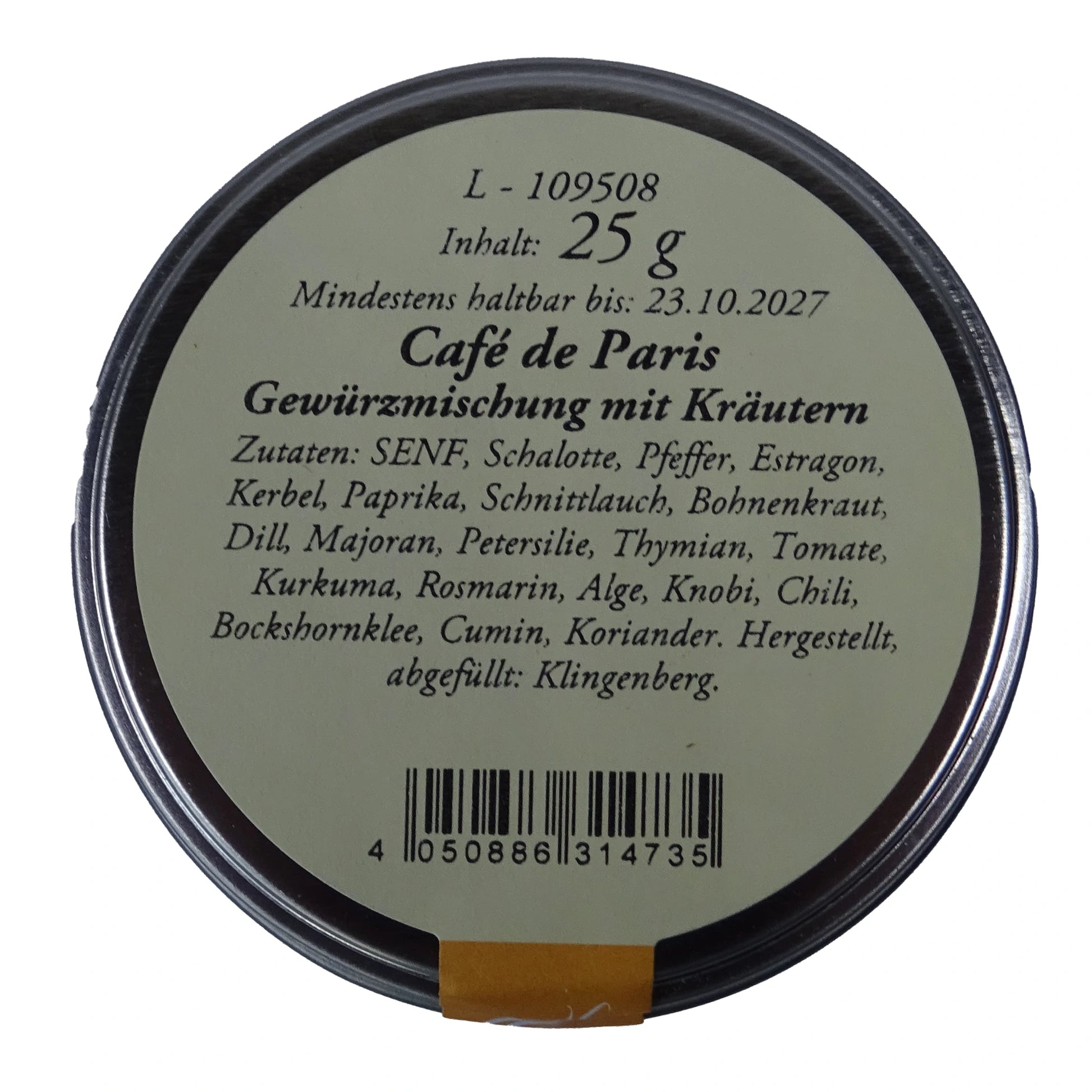 ltes Gewürzamt Café de Paris Klassische Brasserie Kräuter-Gewürzmischung, grüne Gewürzdose Ansicht Deckel auf hellem Hintergrund
