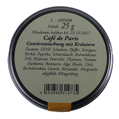 ltes Gewürzamt Café de Paris Klassische Brasserie Kräuter-Gewürzmischung, grüne Gewürzdose Ansicht Deckel auf hellem Hintergrund