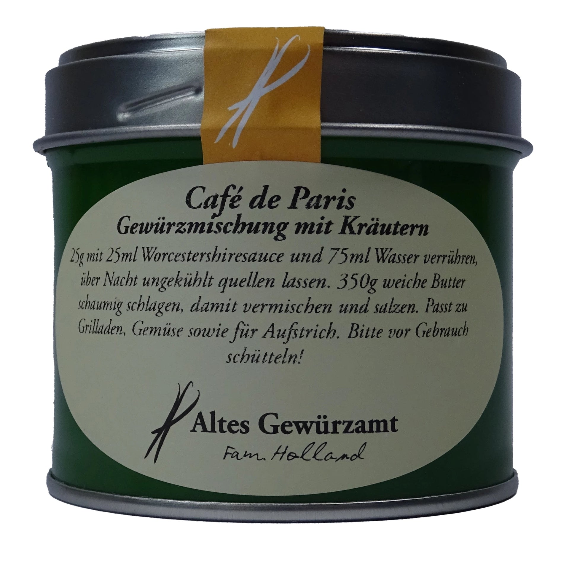 ltes Gewürzamt Café de Paris Klassische Brasserie Kräuter-Gewürzmischung, grüne Gewürzdose auf hellem Hintergrund
