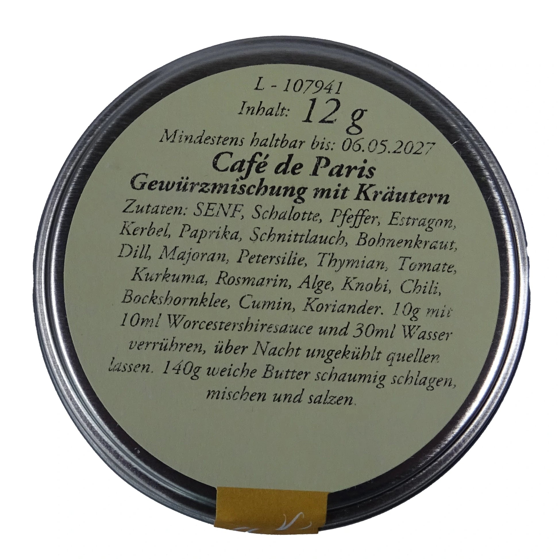 ltes Gewürzamt Café de Paris Klassische Brasserie Kräuter-Gewürzmischung, grüne Gewürzdose Ansicht Deckel auf hellem Hintergrund