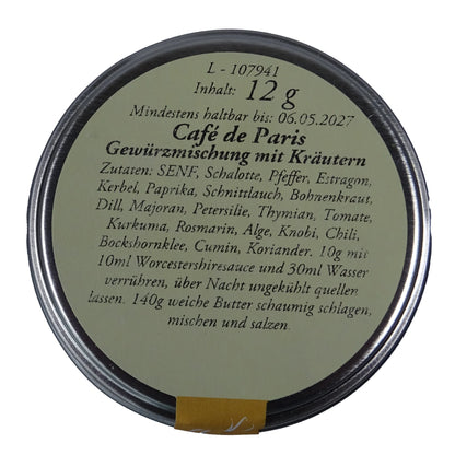 ltes Gewürzamt Café de Paris Klassische Brasserie Kräuter-Gewürzmischung, grüne Gewürzdose Ansicht Deckel auf hellem Hintergrund