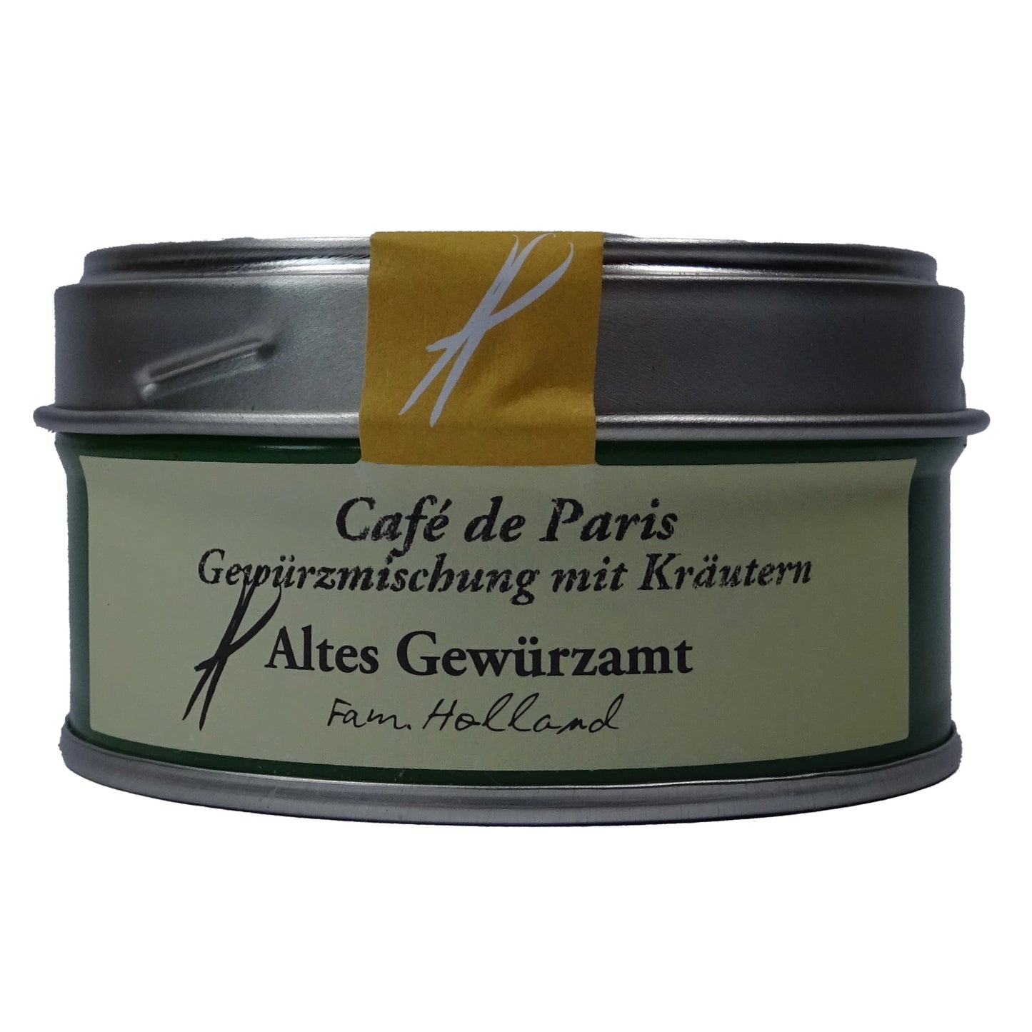 ltes Gewürzamt Café de Paris Klassische Brasserie Kräuter-Gewürzmischung, grüne Gewürzdose auf hellem Hintergrund