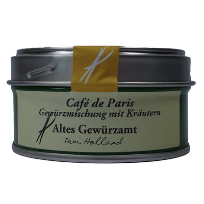 ltes Gewürzamt Café de Paris Klassische Brasserie Kräuter-Gewürzmischung, grüne Gewürzdose auf hellem Hintergrund