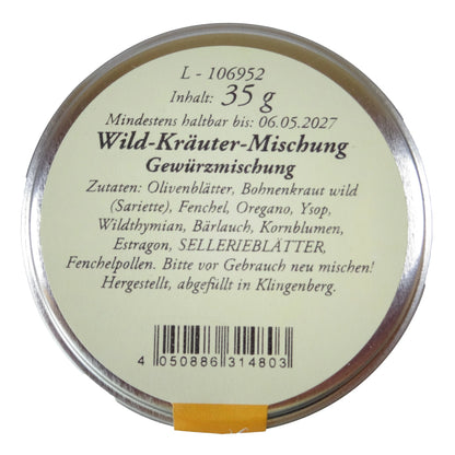 Altes Gewürzamt Wild-Kräuter-Mischung 11 mediterrane Wildkräuter und Blüten, grüne Gewürzdose von oben auf hellem Hintergrund