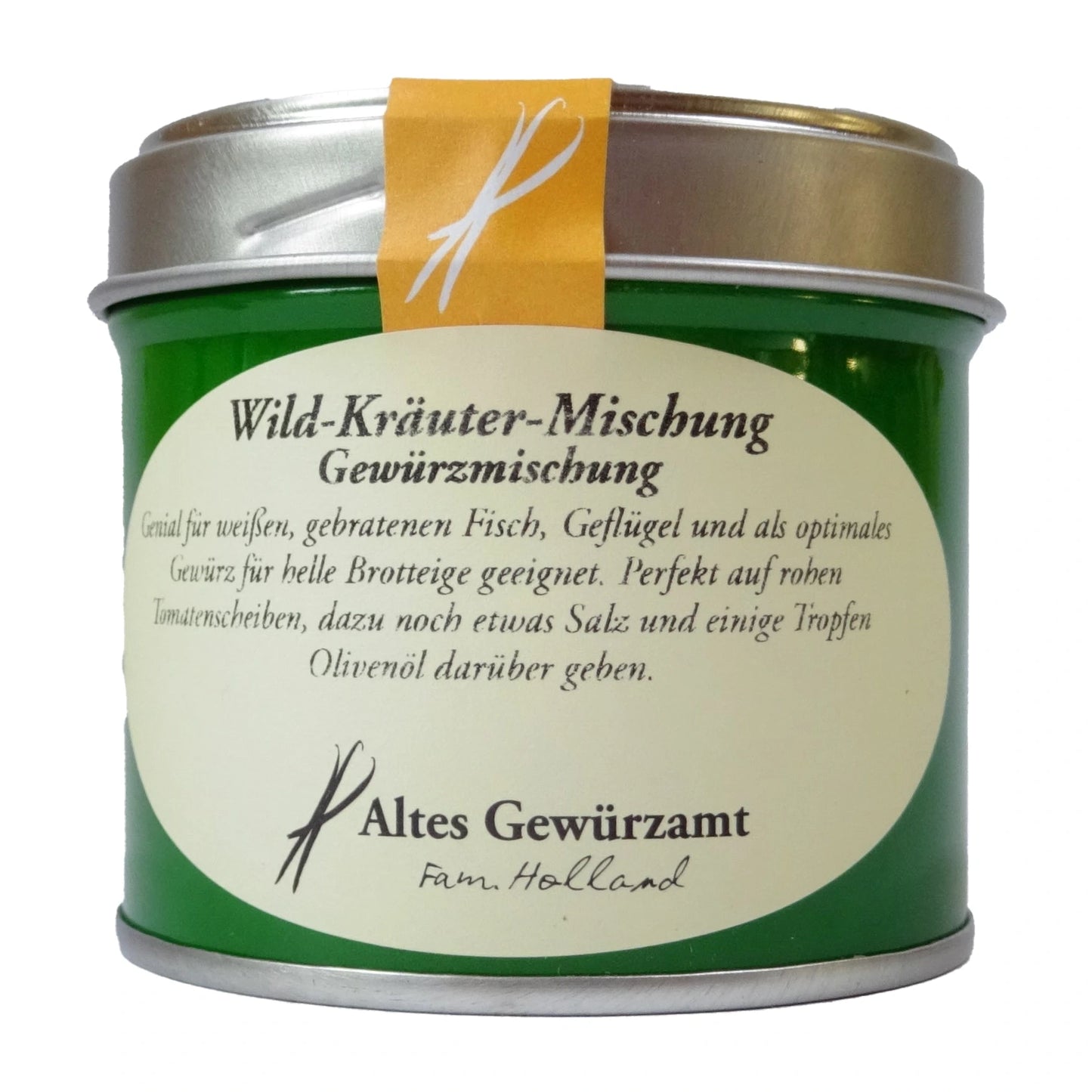 Altes Gewürzamt Wild-Kräuter-Mischung 11 mediterrane Wildkräuter und Blüten, grüne Gewürzdose auf hellem Hintergrund