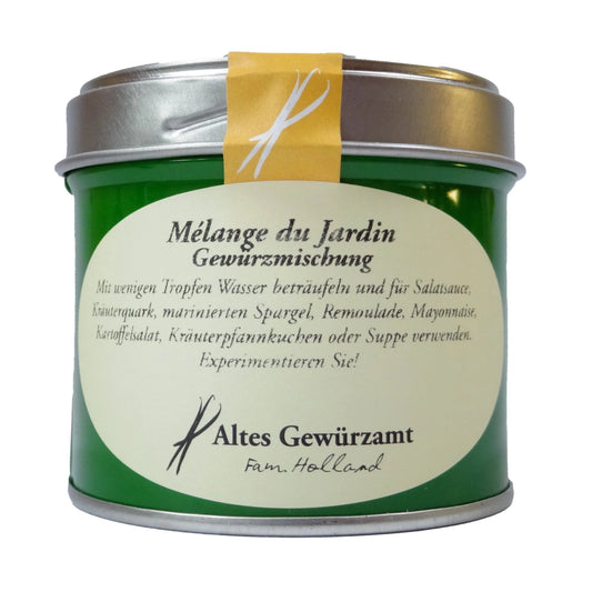 Altes Gewürzamt Mélange du Jardin Kräutermischung, grüne Gewürzdose auf hellem Hintergrund