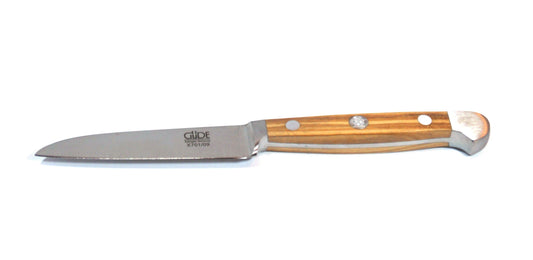 GÜDE Gemüsemesser Alpha Olive X701/09 mit 9 cm Klingenlänge und Olivenholz-Griff auf weißem Hintergrund
