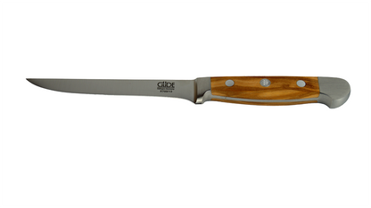GÜDE Ausbeinmesser Alpha Olive X703 mit 13 cm Klingenlänge und Olivenholz-Griff auf weißem Hintergrund