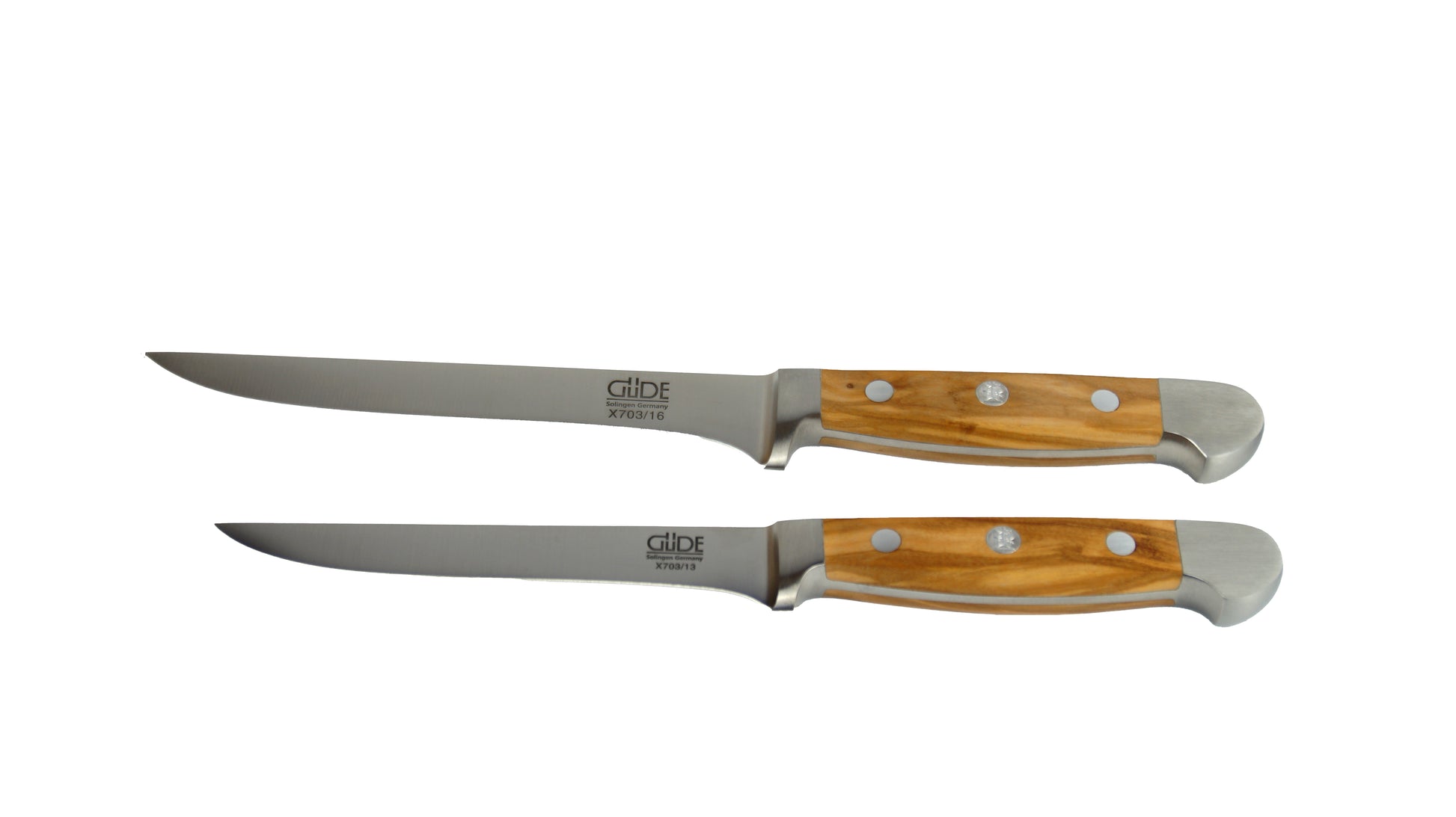 GÜDE Ausbeinmesser Alpha Olive X703/13 mit 13 cm  und X703/16 mit 16 cm Klingenlänge und Olivenholz-Griff auf weißem Hintergrund im Vergleich