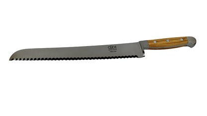 GÜDE Brotmesser 7431/32 Alpha Olive mit 32 cm Klingenlänge und Olivenholz-Griff für Linkshänder auf weißem Hintergrund