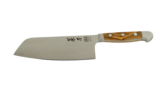 GÜDE Chai Dao Alpha Olive X742/16 –  Chinesisches Kochmesser mit 16 cm Klingenlänge und Olivenholz-Griff auf weißem Hintergrund