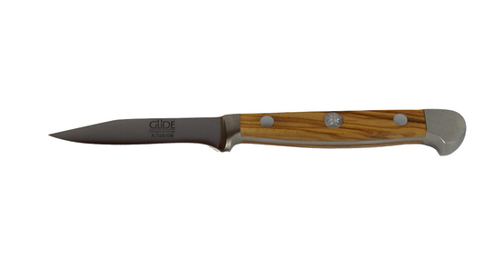 GÜDE Gemüsemesser Alpha Olive X708/08 mit 8 cm Klingenlänge und Olivenholz-Griff auf weißem Hintergrund