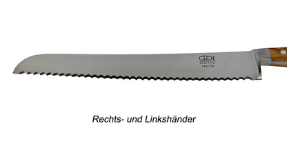 GÜDE Klinge des Brotmesser 7431/32 Alpha Olive mit 32 cm Klingenlänge und Olivenholz-Griff für Rechts- und Linkshänder auf weißem Hintergrund