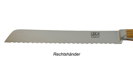 GÜDE Klinge des Brotmesser X430/21 Alpha Olive mit 21 cm Klingenlänge und Olivenholz-Griff für Rechtshänder auf weißem Hintergrund