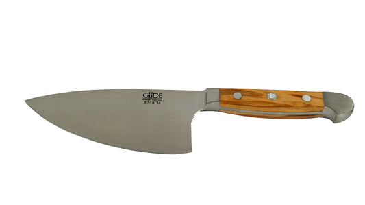 GÜDE Kräutermesser „Shark“ Alpha Olive X749/14 mit 14 cm Klingenlänge und Olivenholz-Griff auf weißem Hintergrund