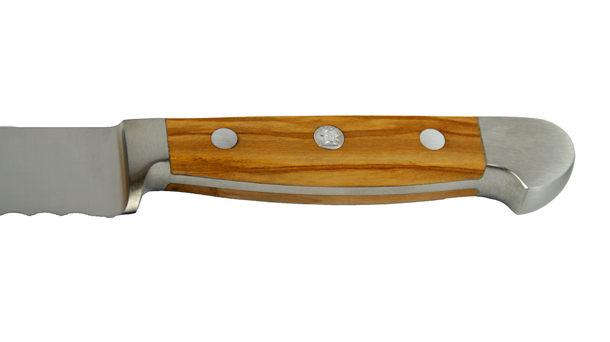 GÜDE Griff des Brotmesser X430/21 Alpha Olive mit 21 cm Klingenlänge und Olivenholz- auf weißem Hintergrund