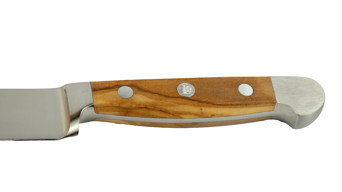 GÜDE Olivebhol-Griff des Filiermesser Alpha Olive X765/18 mit 18 cm Klingenlänge und Olivenholzgriff auf weißem Hintergrund