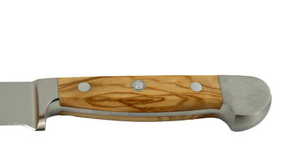GÜDE Olivenholzgriff des Jagdnicker Alpha Olive X707/11 mit 11 cm Klingenlänge und Olivenholz-Griff auf weißem Hintergrund