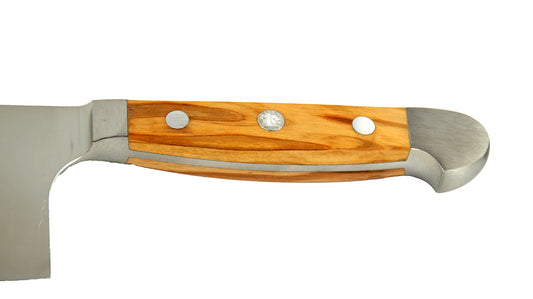 GÜDE Olivenholz-Griff des Kräutermesser „Shark“ Alpha Olive X749/14 mit 14 cm Klingenlänge und Olivenholz-Griff auf weißem Hintergrund