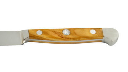 GÜDE Olivenholzgriff des Tafelmesser Alpha Olive X314/12 mit 12 cm Klingenlänge und Olivenholz-Griff auf weißem Hintergrund