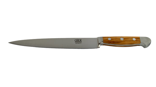 GÜDE Schinkenmesser Alpha Olive X765/21 mit 21 cm Klingenlänge und Olivenholz-Griff auf weißem Hintergrund