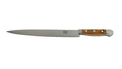 GÜDE Schinkenmesser X765/26 Alpha Olive  mit 26 cm Klingenlänge und Oliven-Holzgriff auf weißem Hintergrund