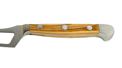 GÜDE Olivenholz-Griff des Käsemesser Alpha Olive X290/15 mit 15 cm Klingenlänge und Olivenholz-Griff auf weßem Hintergrund