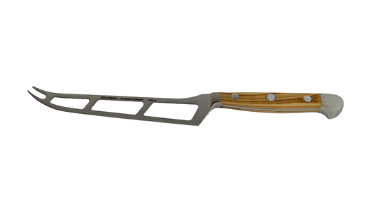 GÜDE Käsemesser Alpha Olive X290/15 mit 15 cm Klingenlänge und Olivenholz-Griff auf weßem Hintergrund