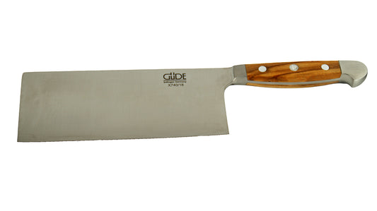 GÜDE Hackmesser Alpha Olive X740/18 –  Fleisch-Hacker mit 18 cm Klingenlänge und Olivenholz-Griff auf weißem Hntergrund