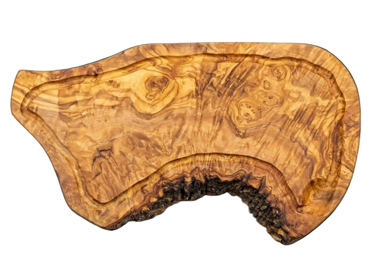 RB-Genuss Servier- und Steakbrett Naturkante aus Holz mit markanter Maserung und wilder Borke auf hellem Hintergrund